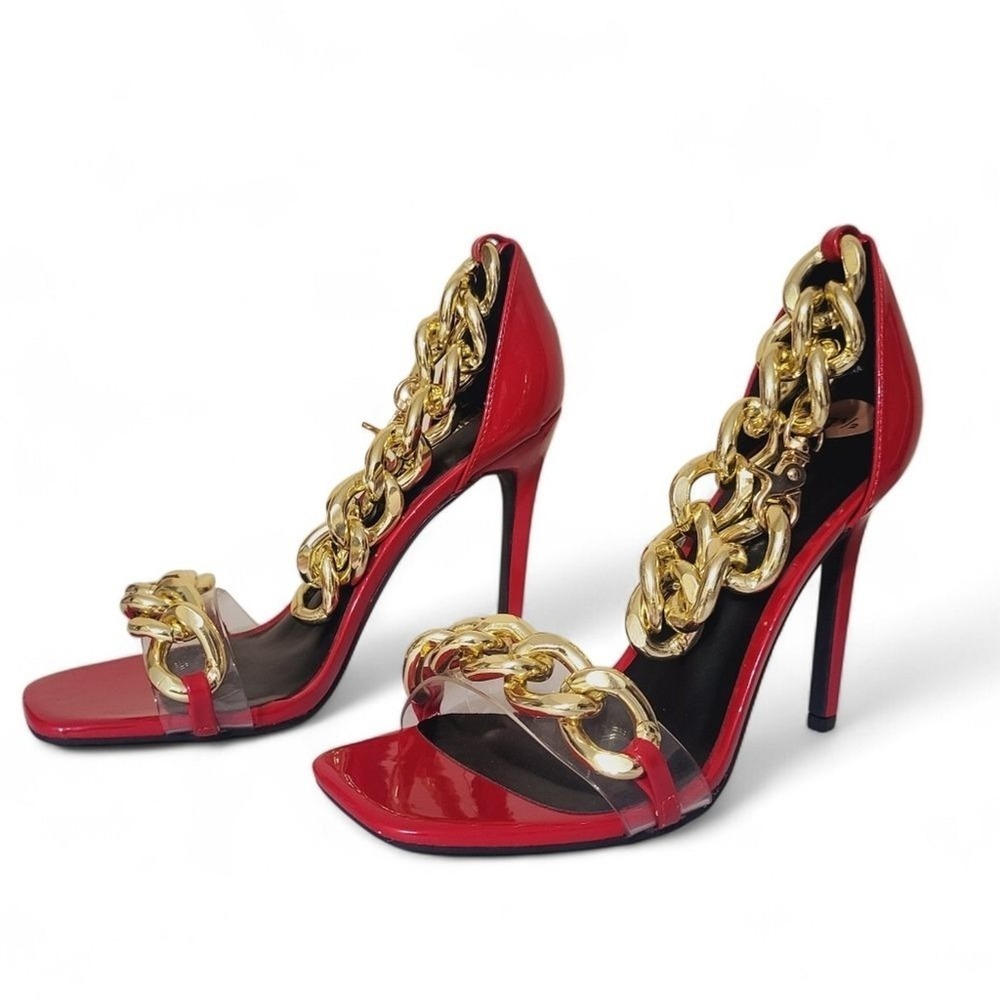 TRUE RELIGION Milagros Faux Leather Red Gold Chain High Heels 7.5‎ NWOT Preppy